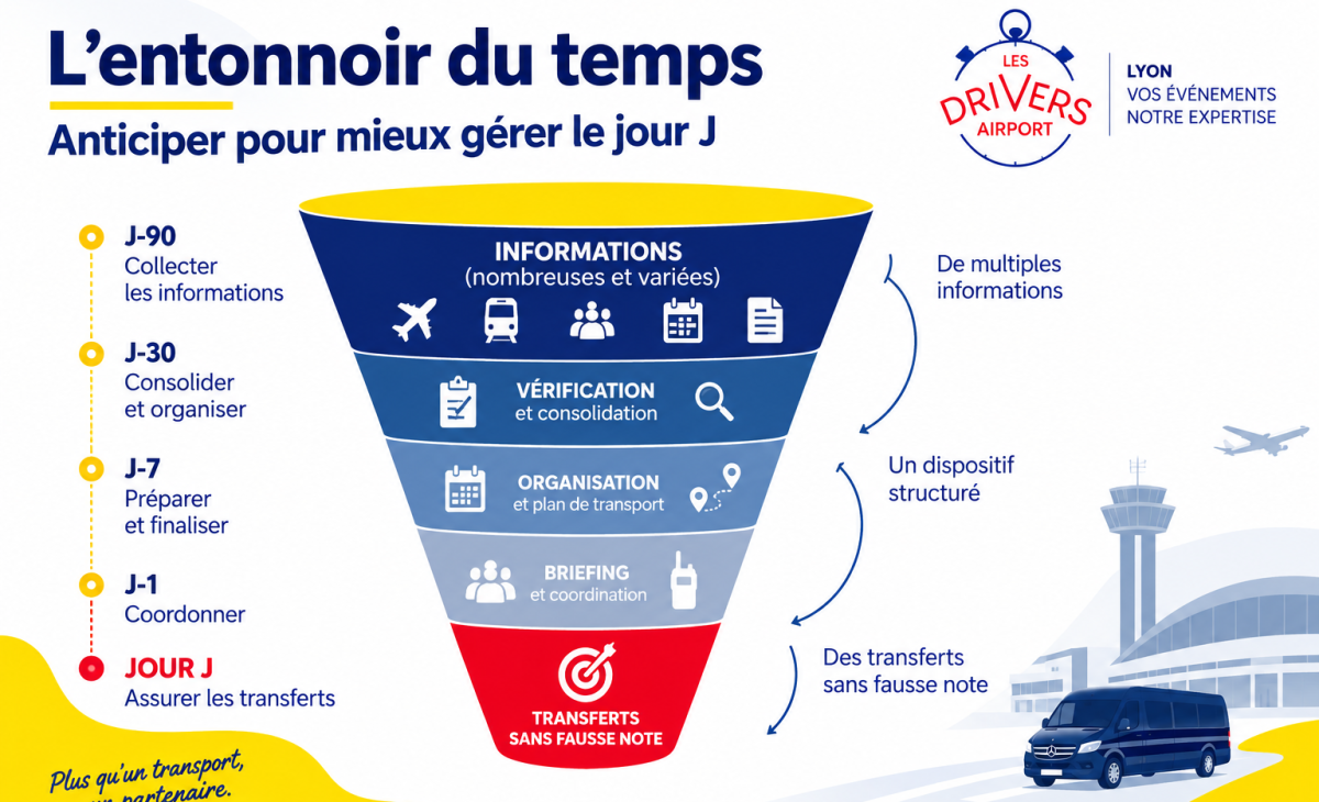 Schéma de l’entonnoir du temps illustrant les étapes de préparation et de coordination des transports pour un séminaire à Lyon.