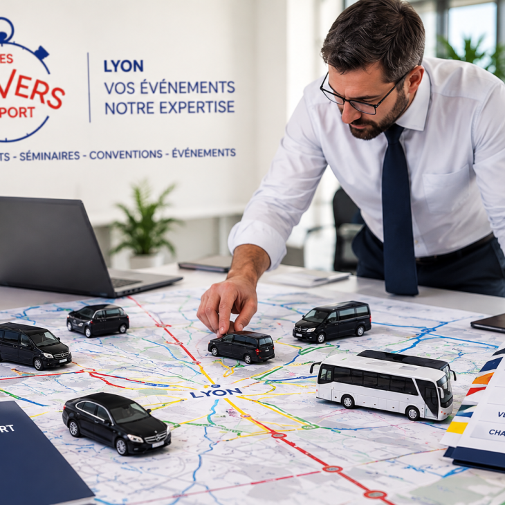 Préparation d’un plan de transport pour un séminaire d’entreprise à Lyon, avec une mise en scène de véhicules sur une table.